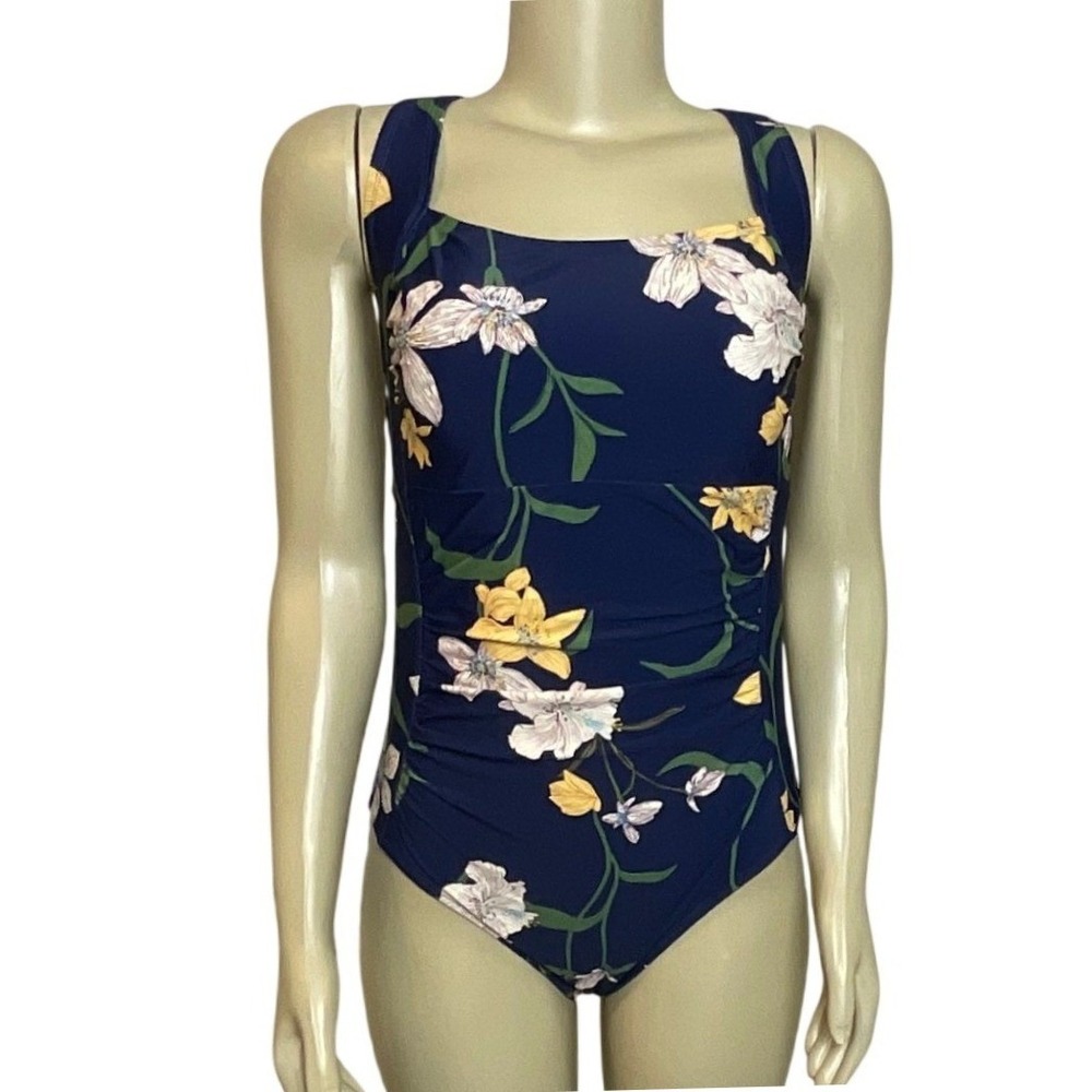 Shade & Shore Navy Blue Floral One Piece Swimsuit Square Neck Size 16 NWT